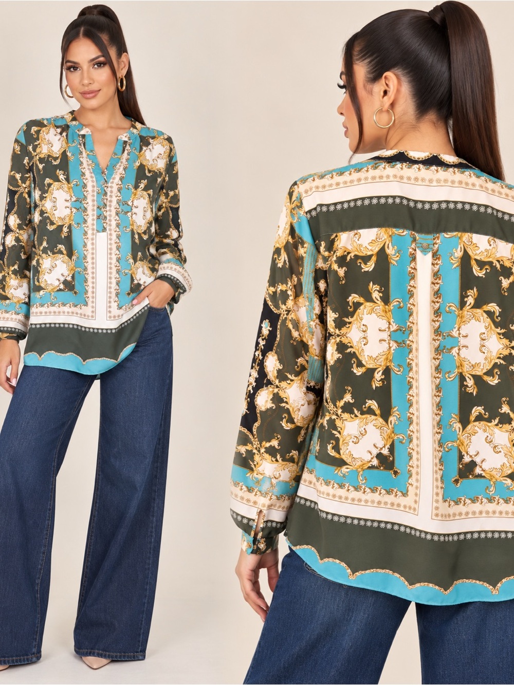Zac & Rachel Teal, Olive and Gold Baroque-Print Long Sleeve Blouse